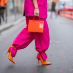 Outfit con tailleur fucsia e accessori arancione fluo