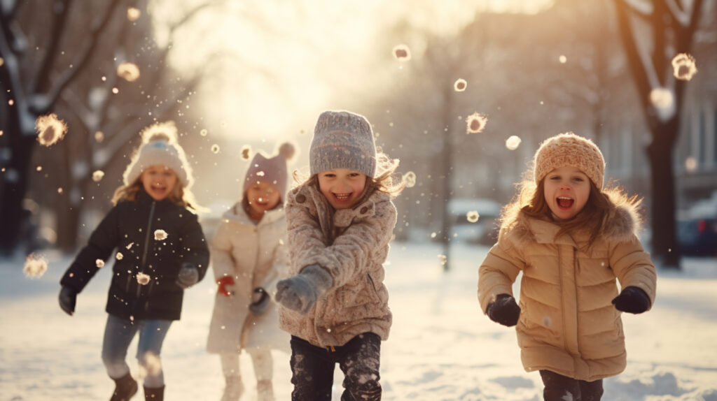 Bambine che corrono sulla neve con calde giacche invernali.